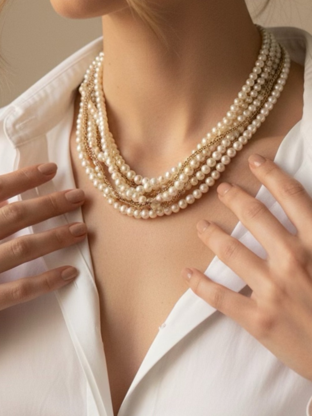 Multi Strand Pearl Gold Tone Chain Braided Necklace